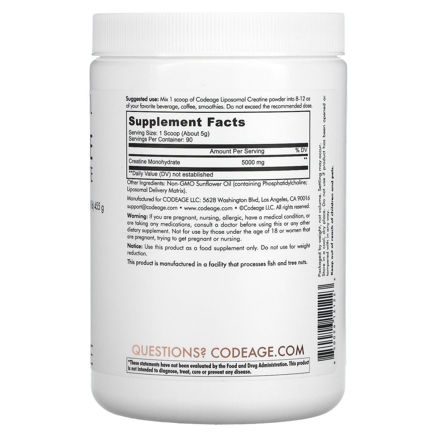 Codeage, Liposomal Creatine Monohydrate Powder, Unflavored, 1 lb (455 g)