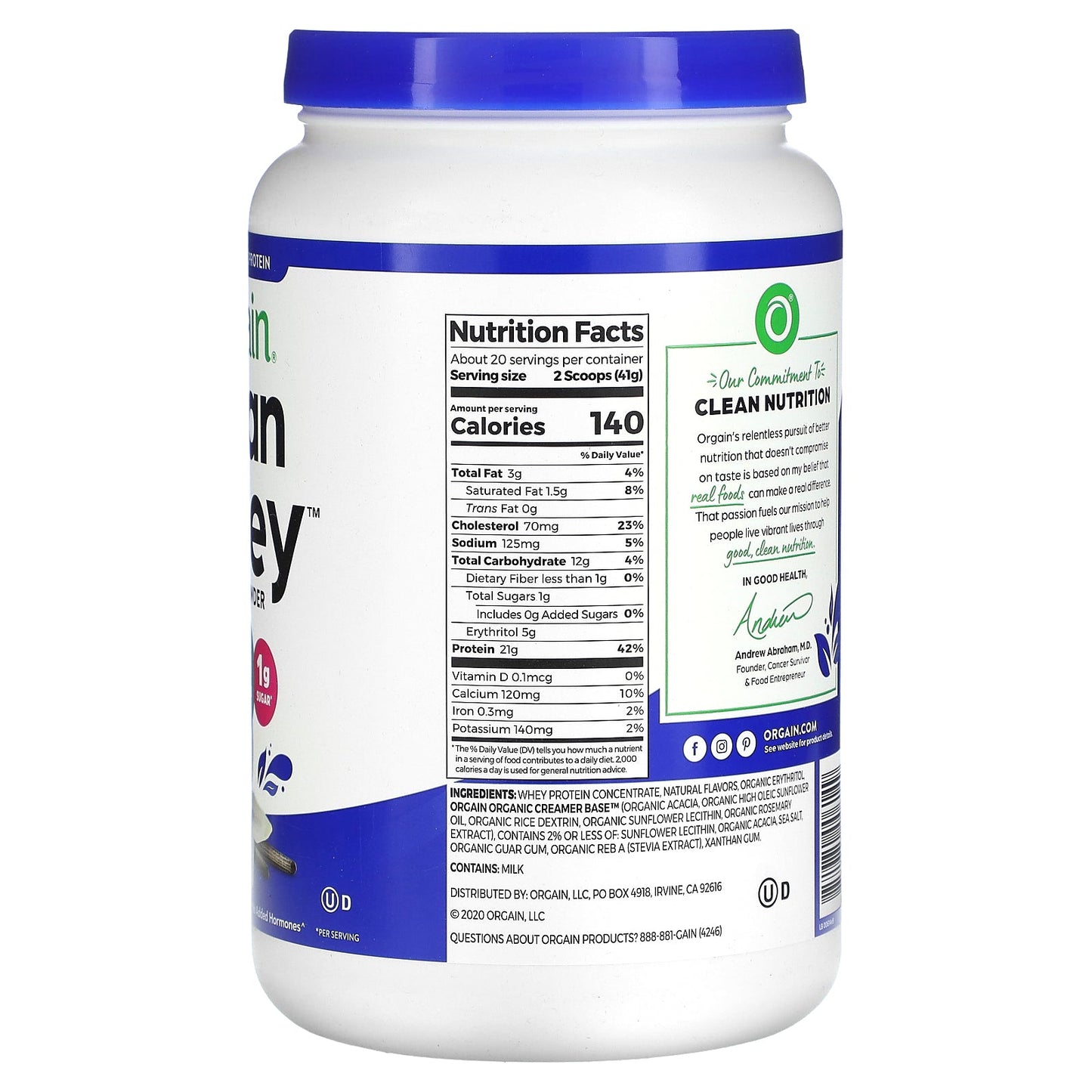Orgain, Grass-Fed Whey Protein, Clean Whey Protein Powder, Vanilla Bean, 1.82 lbs (828 g)